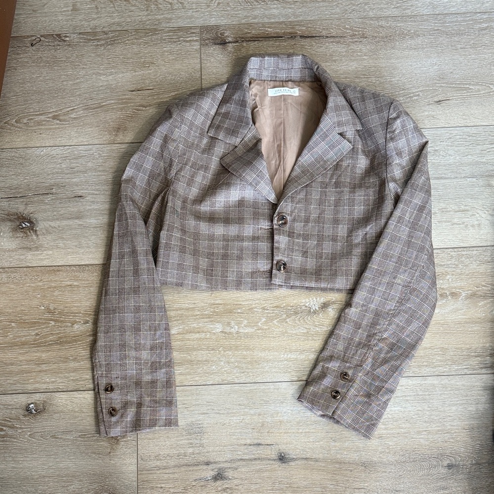 12th Tribe Brown Plaid Cropped Blazer